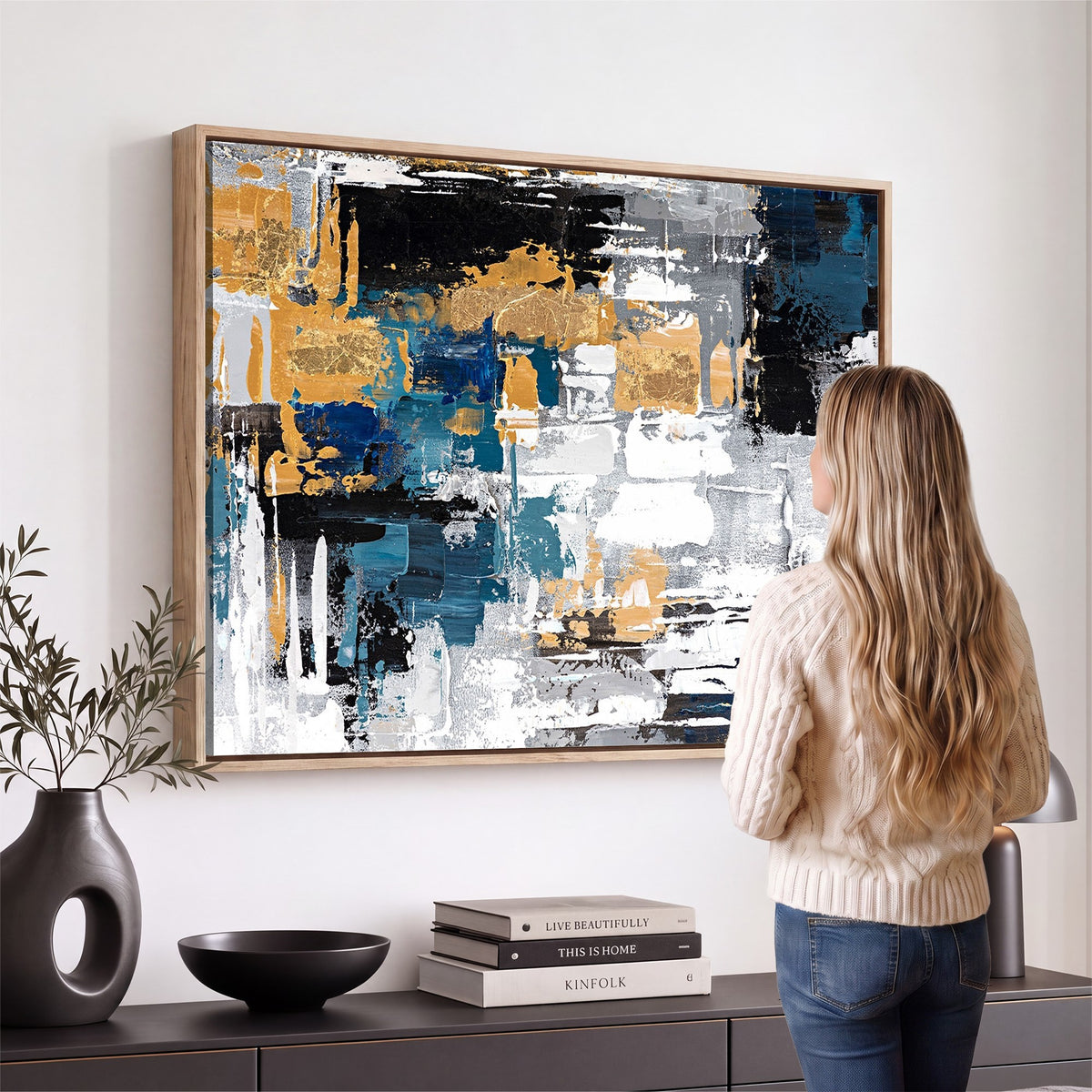 57708-_Poster-30x20 - Blue and Gold Abstract Canvas Wall Art | Triptych Modern Art Print