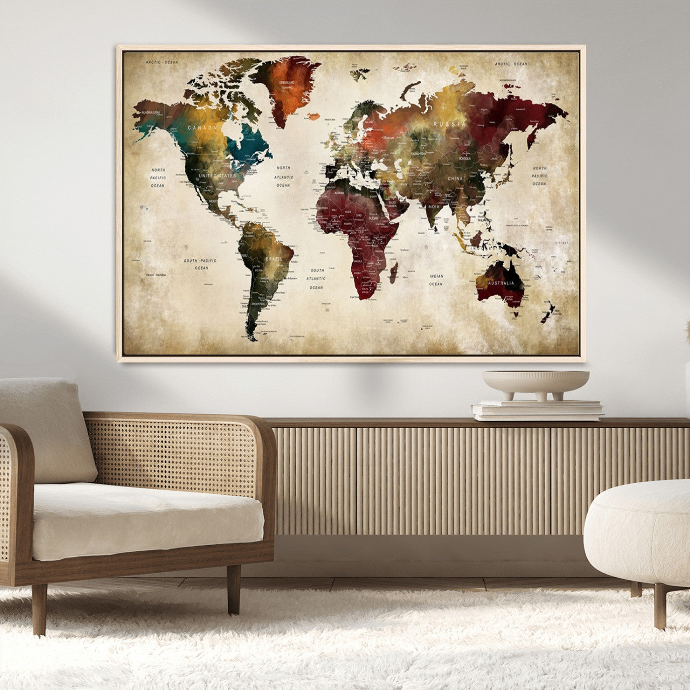 MGV-FC-36X24 - Large World Map Wall Art Canvas Print, Framed Push Pin Map Art Picture Print, Abstract Traveller Map Perfect Modern Decor Artwork