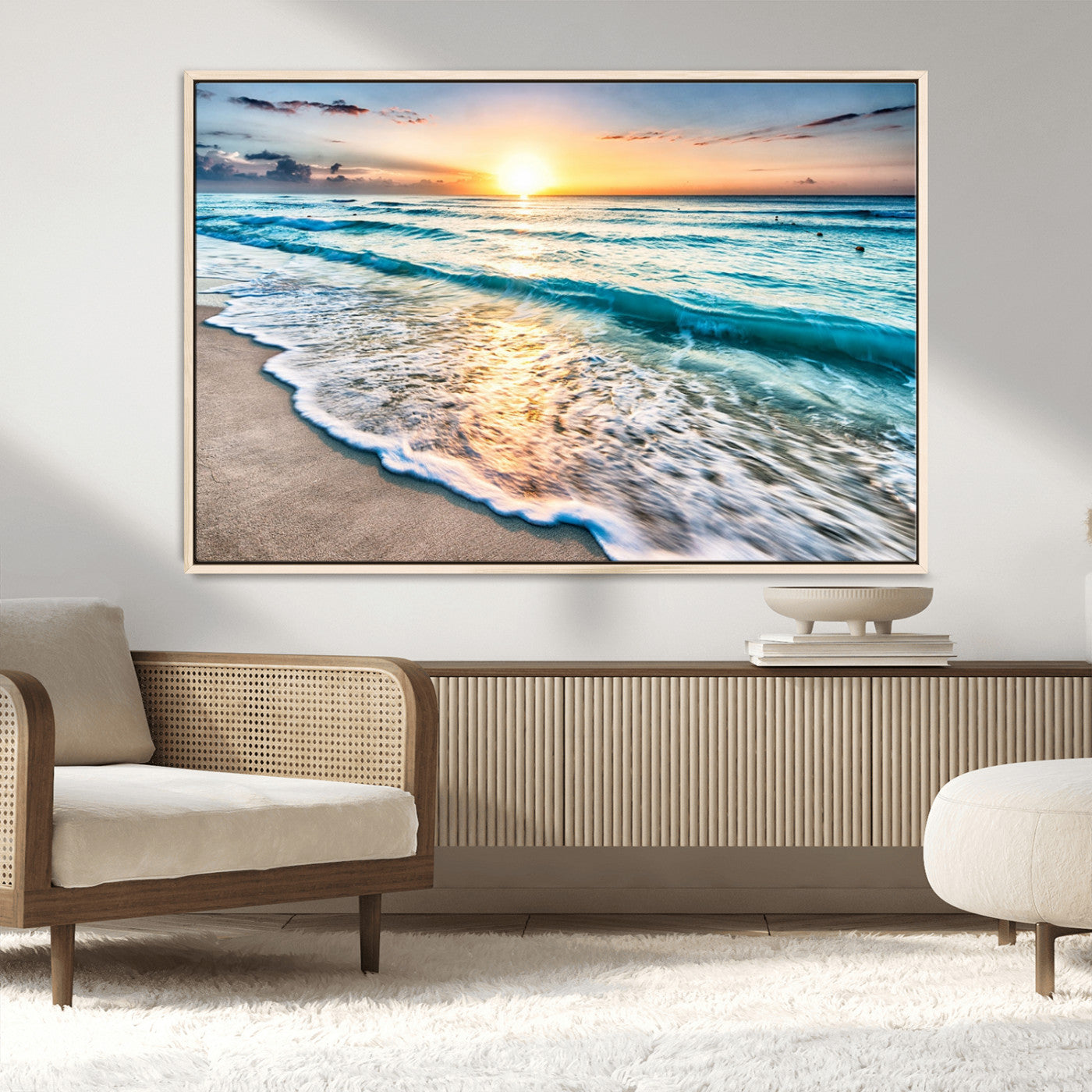 MGV-FC-36X24 - Sunset Beach Waves Canvas Wall Art – 5-Panel Ocean Sunset Print – Coastal Decor for Living Room or