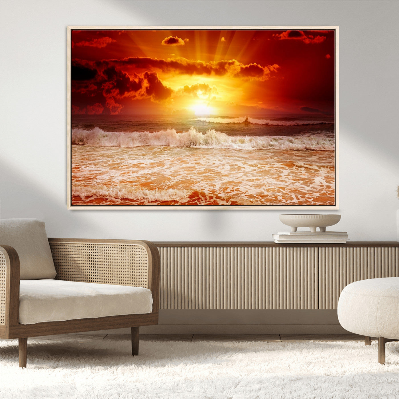 MGV-FC-36X24 - Red Sunset Ocean Beach Canvas Wall Art Beach Canvas, Coastal Sunset Print