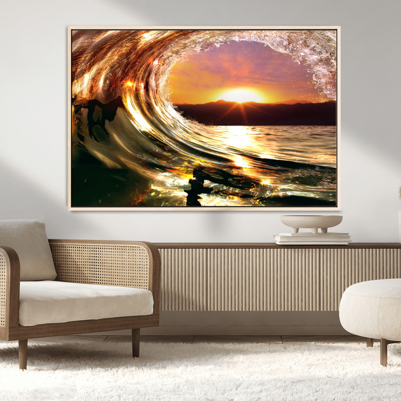 MGV-FC-36X24 - Golden Wave Sunset Triptych Canvas Art, Giclee Canvas Print of Ocean Wave and Sunset, Framed Ocean