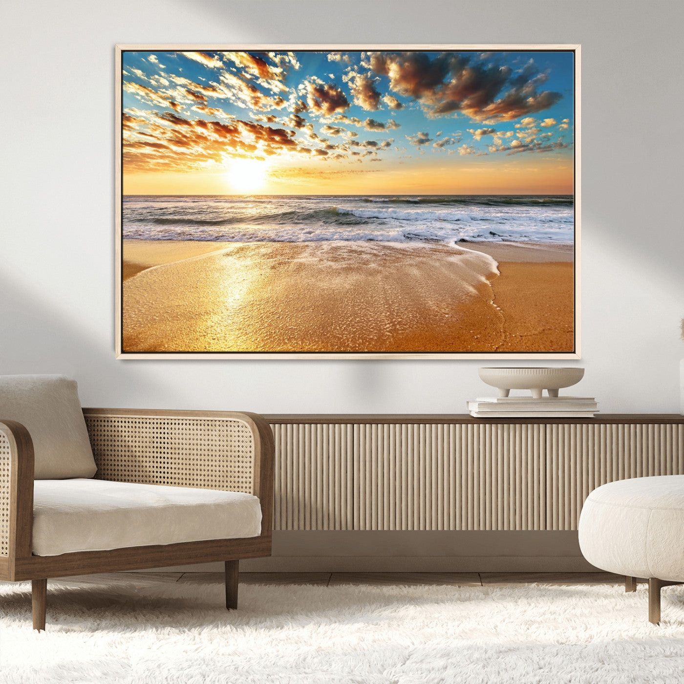 MGV-FC-36X24 - Golden Sunset Beach Print Canvas Wall Art, Giclee Canvas Print with Canon Print Quality, Triptych