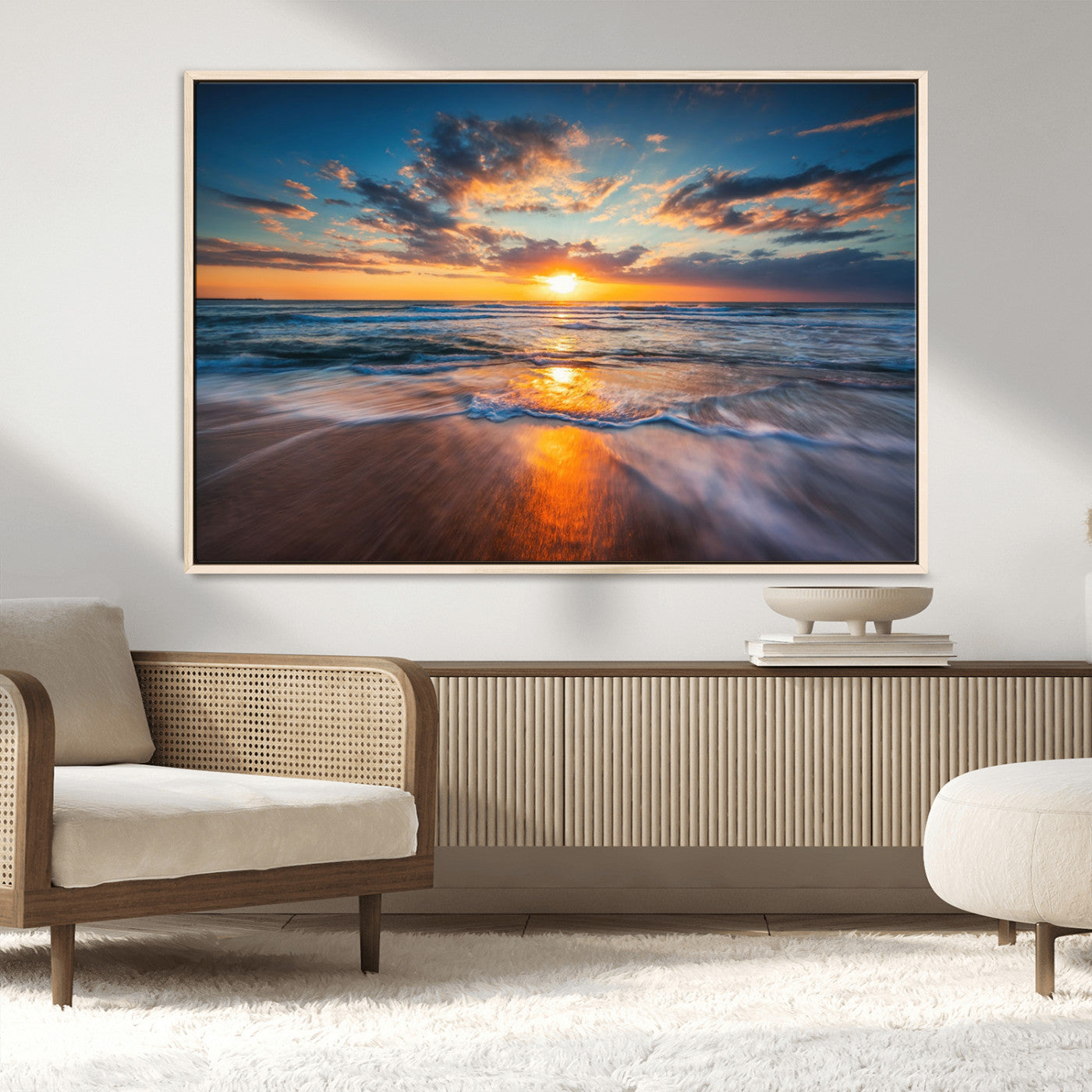 MGV-FC-36X24 - Sunset on the Ocean Beach with Waves, Reflections on Sand, Coastal Wall Art Print, Beach Wall Art,