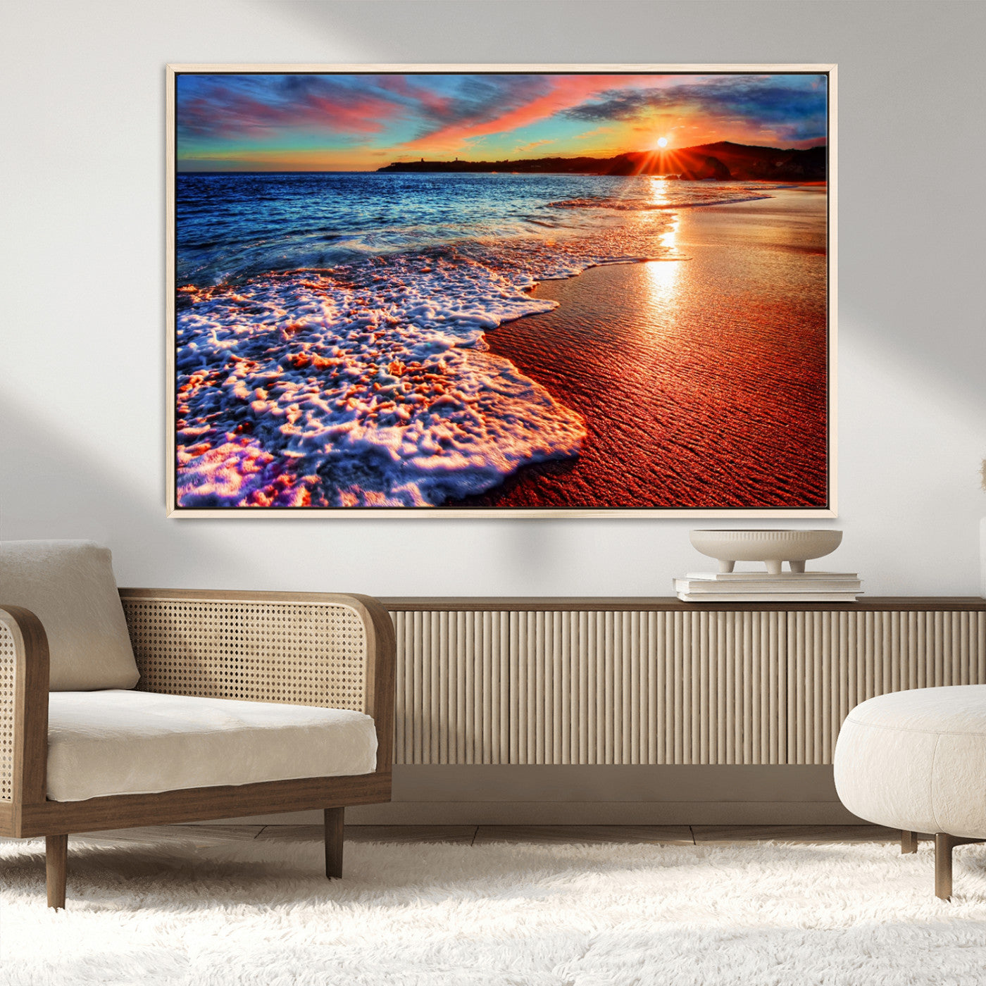 MGV-FC-36X24 - Colorful Coastal Sunset on the Beach Canvas Print, Ocean Waves Crashing at Dusk, Multi-Panel Seascape Vibrant Coastal Wall Art Canvas Print
