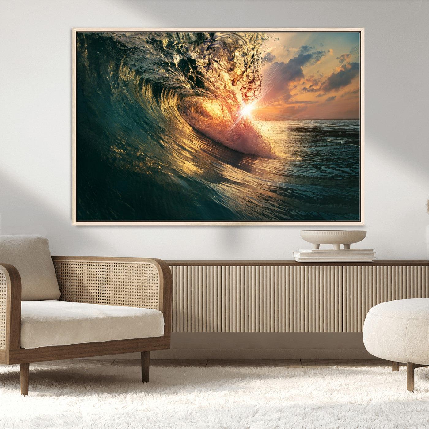 MGV-FC-36X24 - Ocean Wave Sunset Canvas Wall Art – Triptych Seascape Print – Framed and Ready to Hang for Living Room or Office