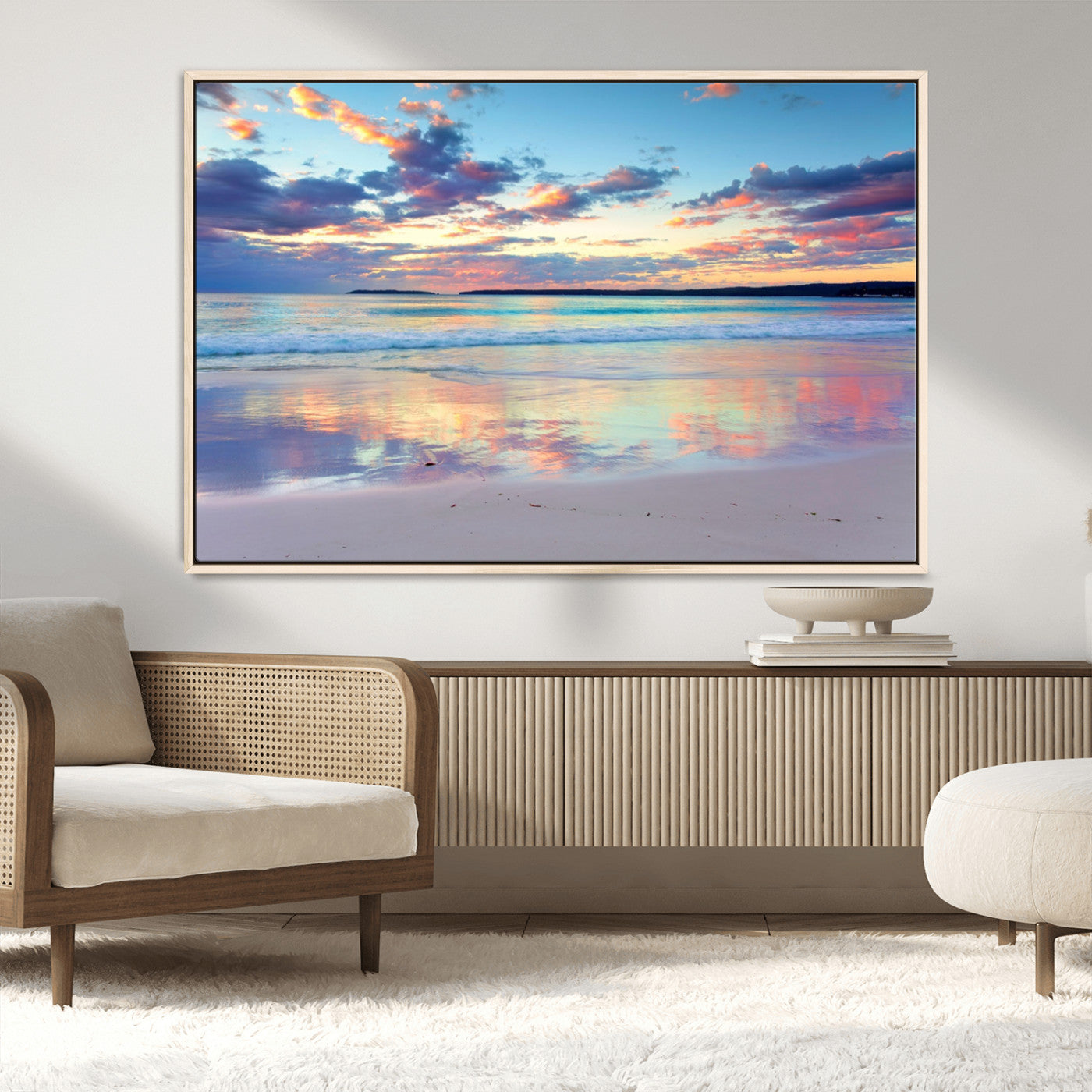 MGV-FC-36X24 - Tranquil Pastel Sunset Beach Triptych Canvas Art, Soothing Coastal Ocean Shoreline Giclee Print, Beach Reflections Wall Decor for Serene Spaces