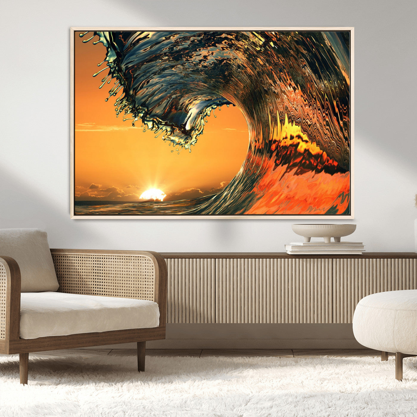 -Surf Wave Sunset Canvas Wall Art Print, 3-Panel Ocean Coastal Wall Art Print, Ocean Decor for