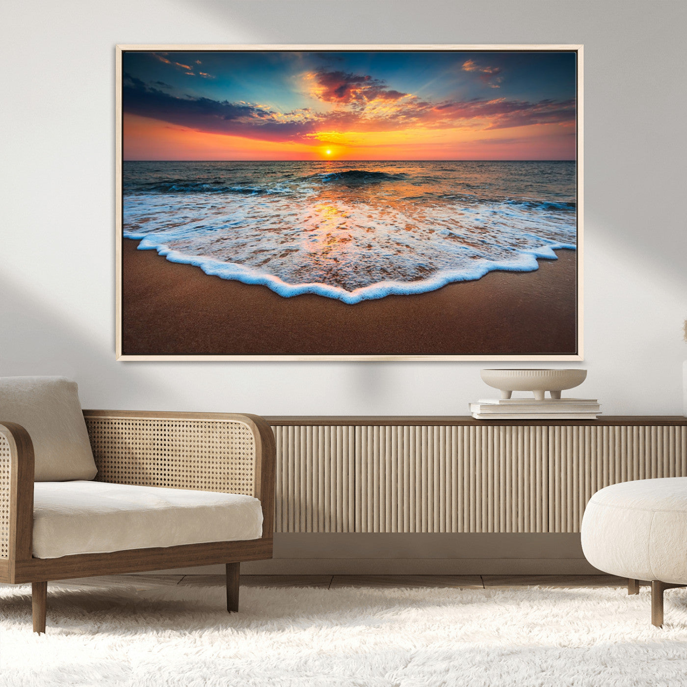 MGV-FC-36X24 - Sunset Beach Canvas Wall Art – Colorful Ocean Waves Triptych – Coastal Decor for Living Room or Bedroom – Framed and Ready to Hang