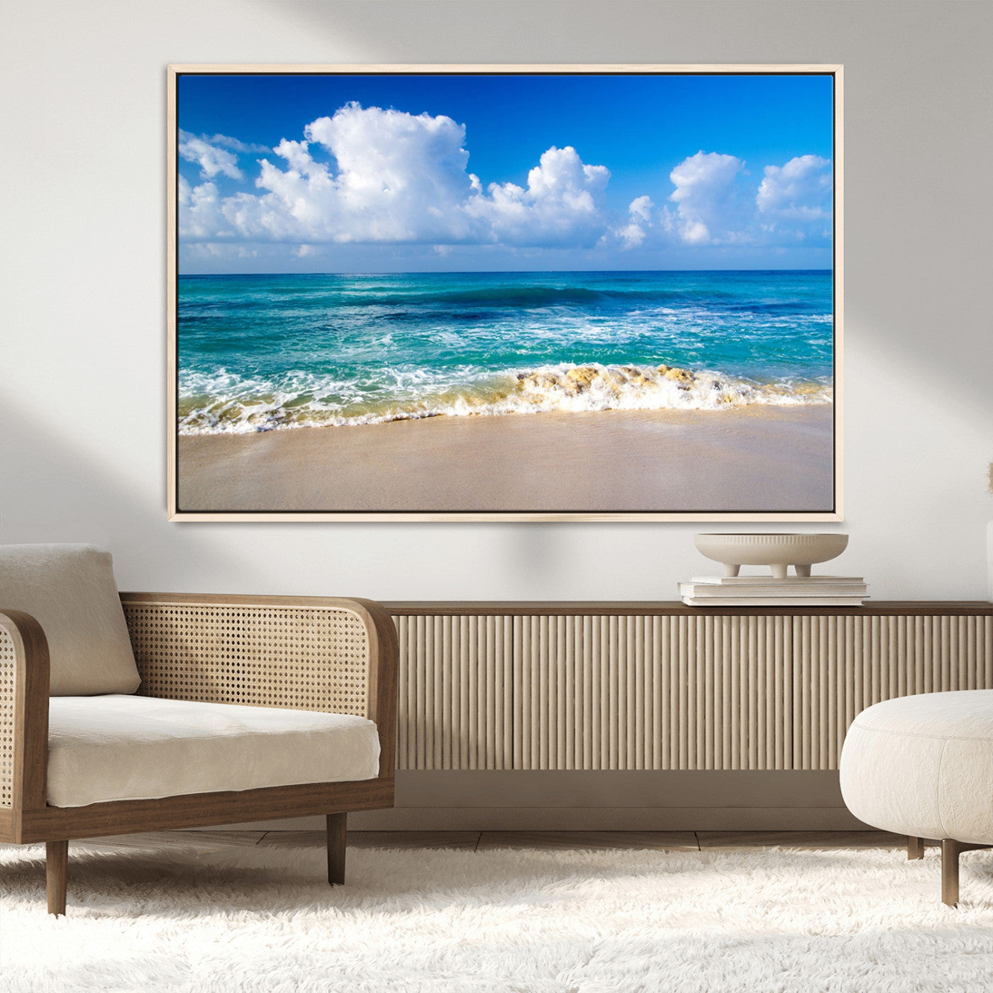 MGV-FC-36X24 - Tropical Beach 3-Panel Canvas Wall Art – Serene Ocean Waves and Blue Sky – Giclée Print for Living Room, Office, or Bedroom Coastal Decor
