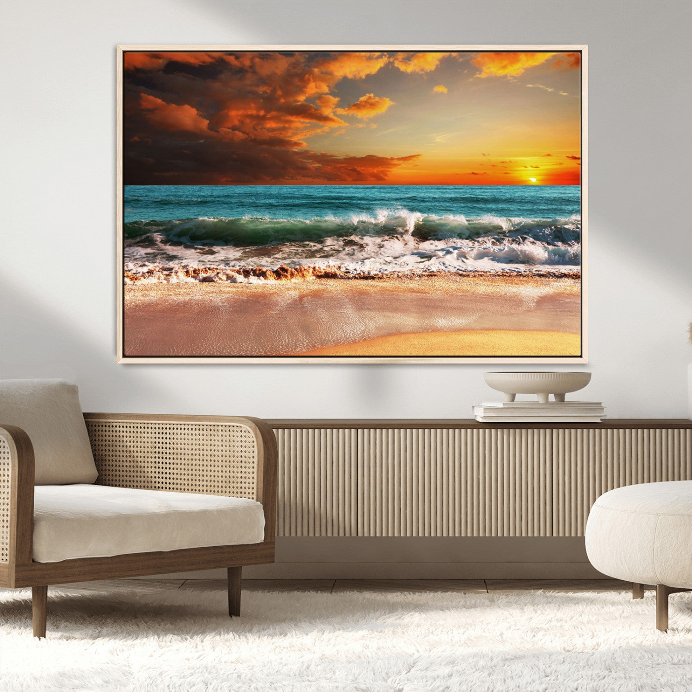 MGV-FC-36X24 - Golden Sunset Beach Canvas Wall Art – Triptych Seascape Print – Framed and Ready to Hang for Living Room or Office