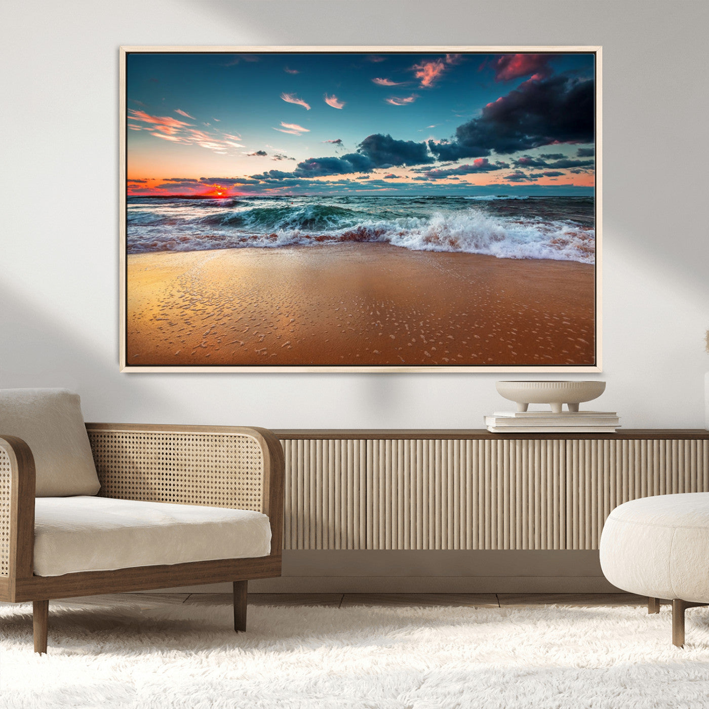 MGV-FC-36X24 - Sunset Ocean Beach Wall Art – Giclee Canvas Print, Coastal Seascape, Ready to Hang, Beach Decor, Large 3-Panel Set for Living Room