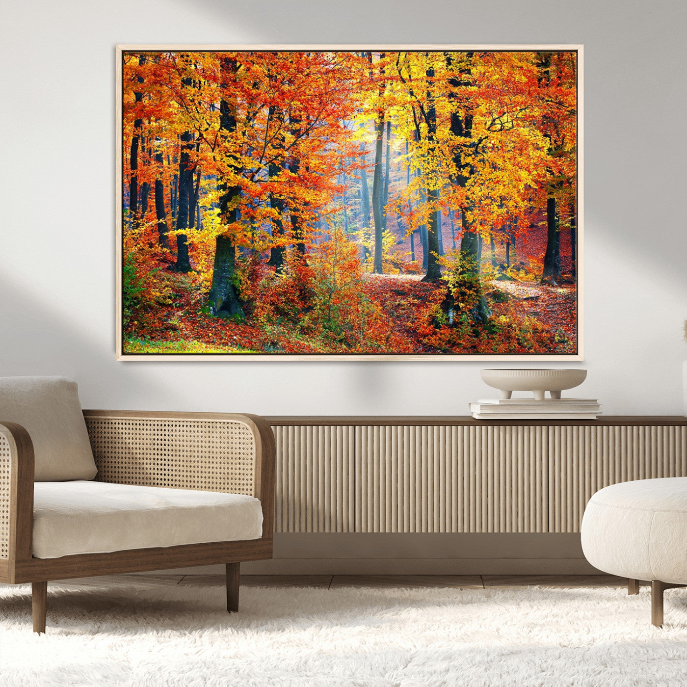 MGV-FC-36X24 - Autumn Red Forest Triptych Canvas Wall Art Print, Forest Wall Decor, Fall Landscape Art | Season Nature Landscape for Home or Office