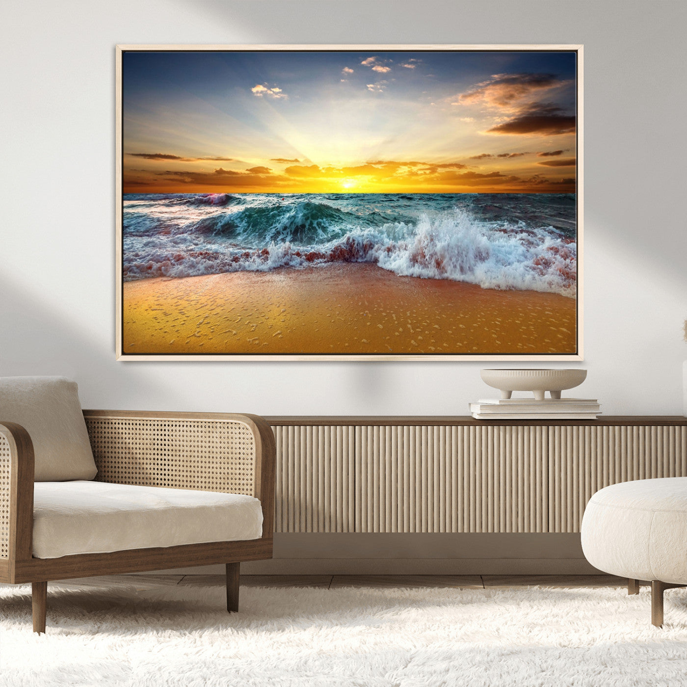 MGV-FC-36X24 - Golden Sunset Ocean Waves Wall Art Canvas Print – Multi Panel Beach Canvas Print Set – Large Coastal Triptych Print for Home or Farmhouse Decor