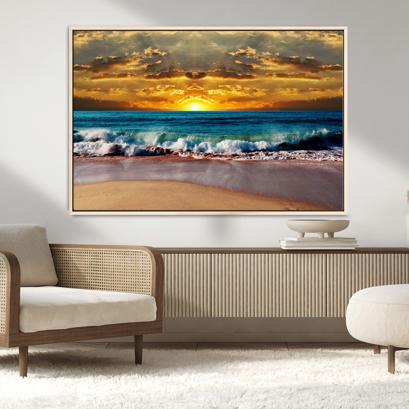 MGV-FC-36X24 - Ocean Sunrise Over Golden Beach Waves, Giclee Canvas Wall Art Set, High-Quality Stretched Canvas Print, Ready to Hang Coastal Sunset Wall Decor