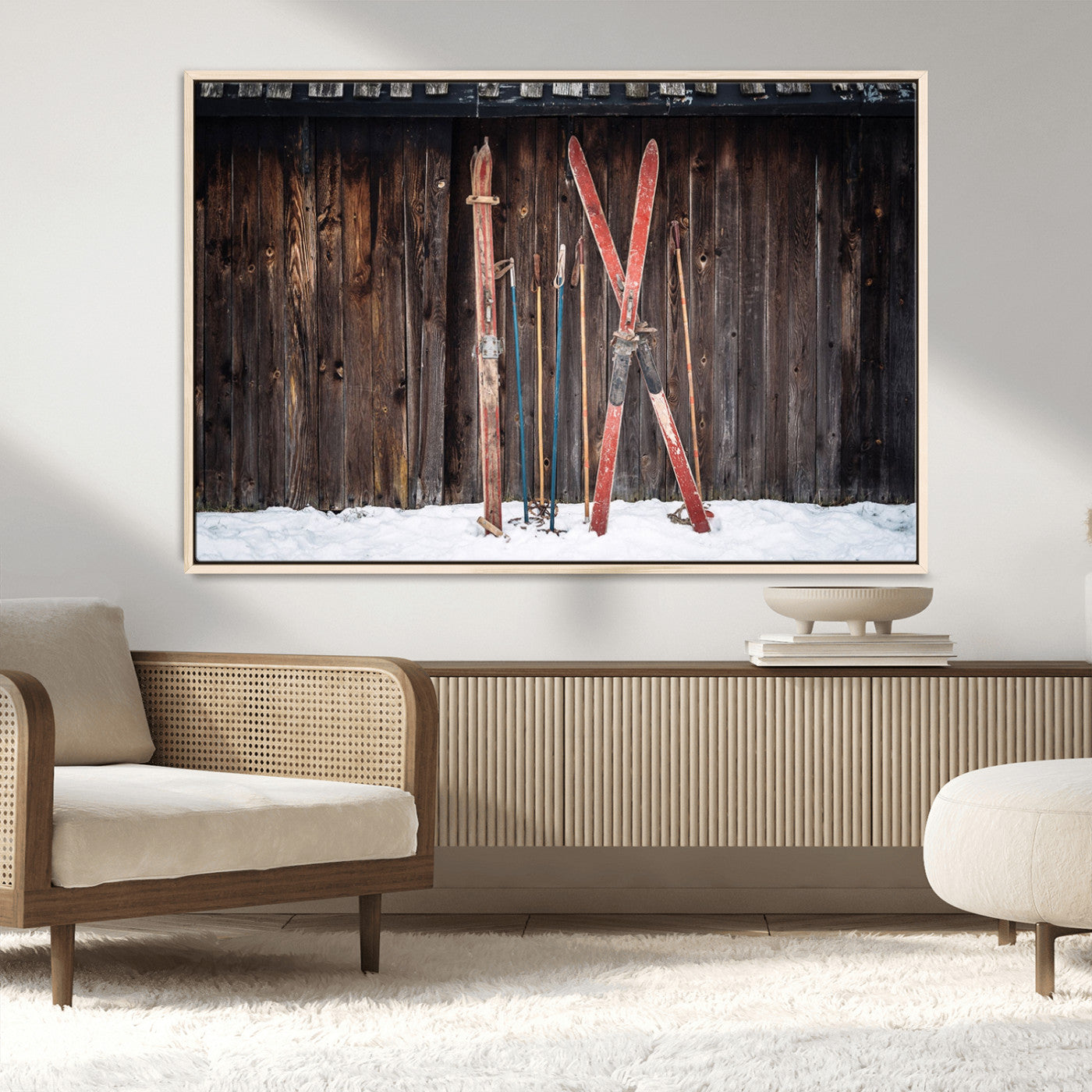 MGV-FC-36X24 - Vintage Ski Gear Against Wooden Cabin Wall, Rustic Winter Sports Equipment Canvas Print, Ready to Hang Wall Art, Perfect for Lodge or Ski Cabin Decor