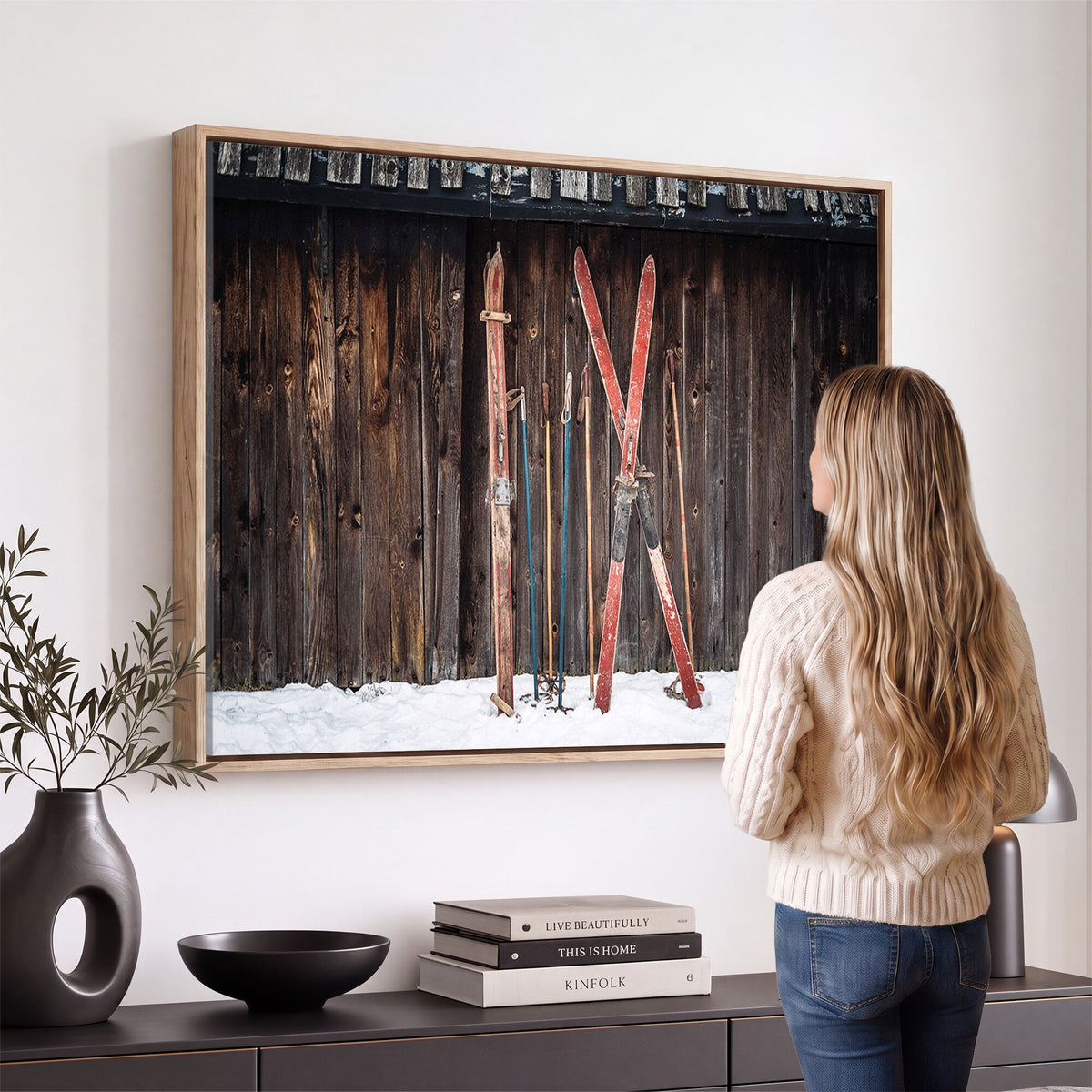 78590-MGV-CV-36X24 - Vintage Ski Gear Canvas Print, Vintage Ski Gear Against Wooden Cabin Wall