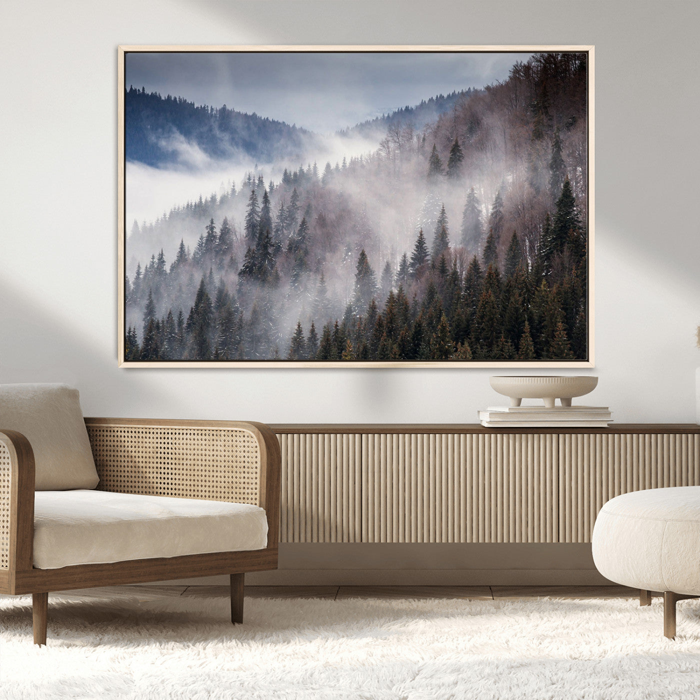 MGV-FC-36X24 - Beautiful Rising Fog in Winter Mountain Landscape - Framed Rising Fog in Winter Mountain Canvas