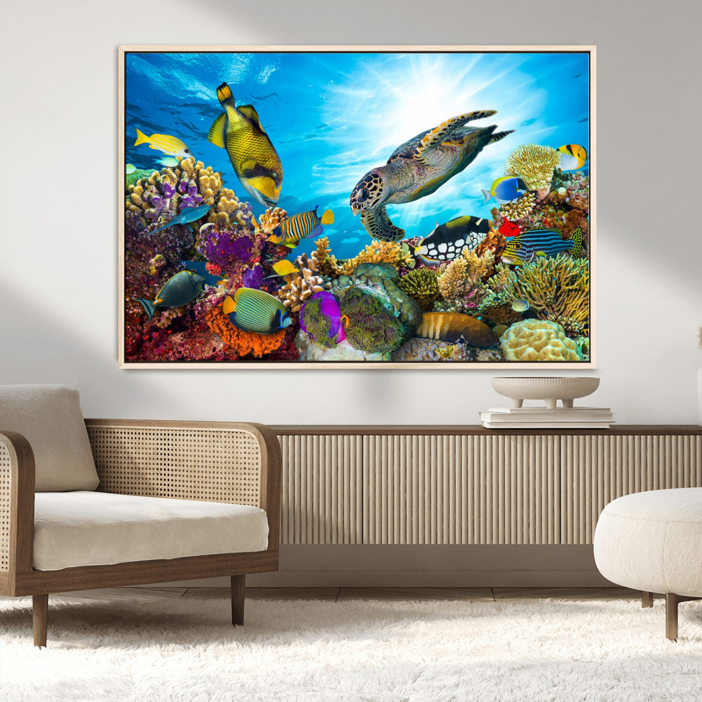 MGV-FC-36X24 - Sea Turtle Coral Reef Wall Art Print – Colorful Underwater Canvas Print – Tropical Ocean Marine Life Artwork – Perfect for Coastal Home Decor