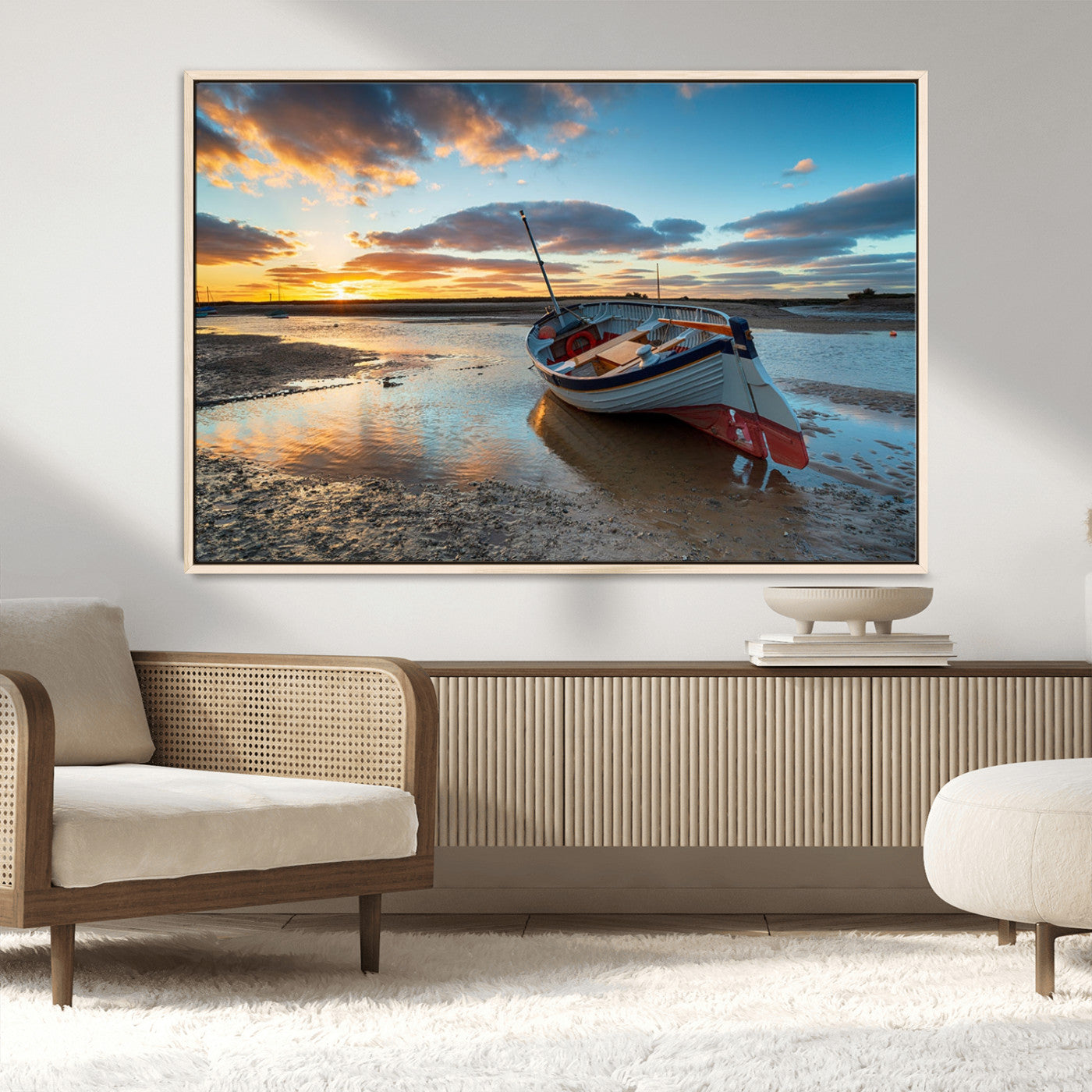 MGV-FC-36X24 - Small Boat At The Beach Sunset Wall Art, Boat Sunset Wall Art Canvas Print