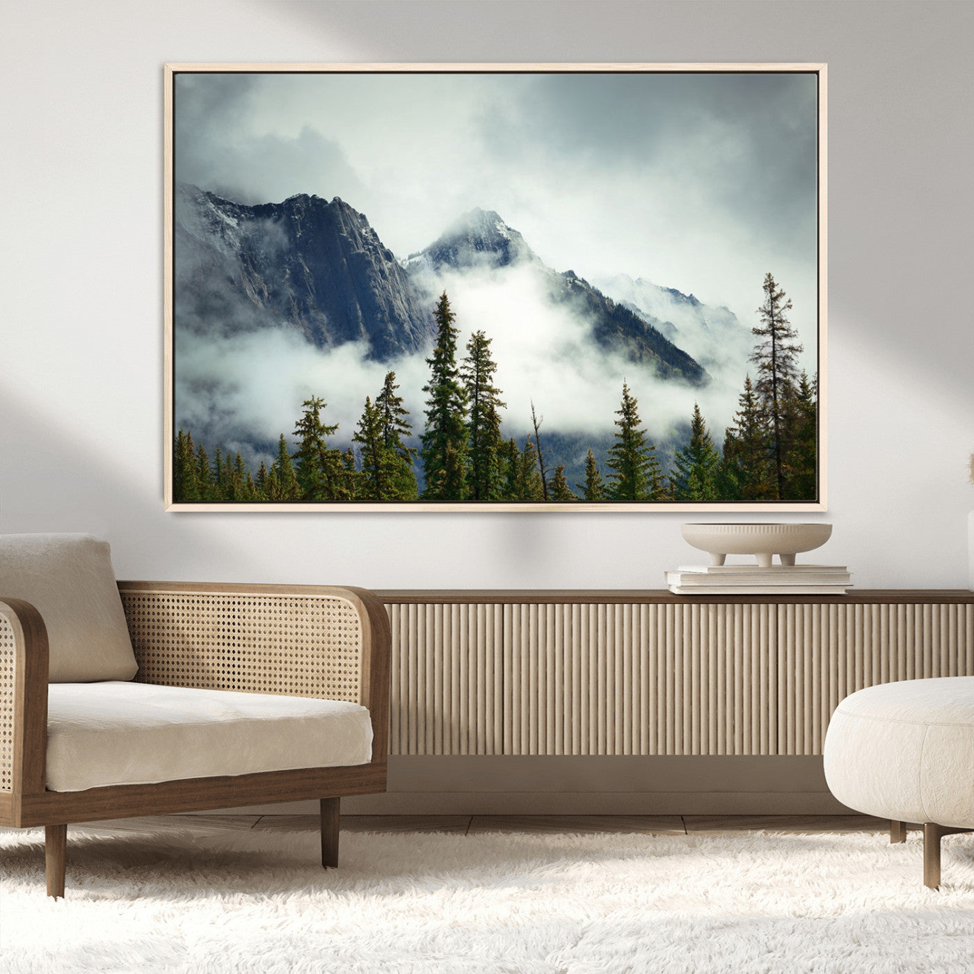 MGV-FC-36X24 - Mountain Mist Canvas Wall Art | 3-Panel Foggy Forest and Mountain Landscape | Large Giclee Print for Living Room, Office, or Cabin, Farmhouse Decor