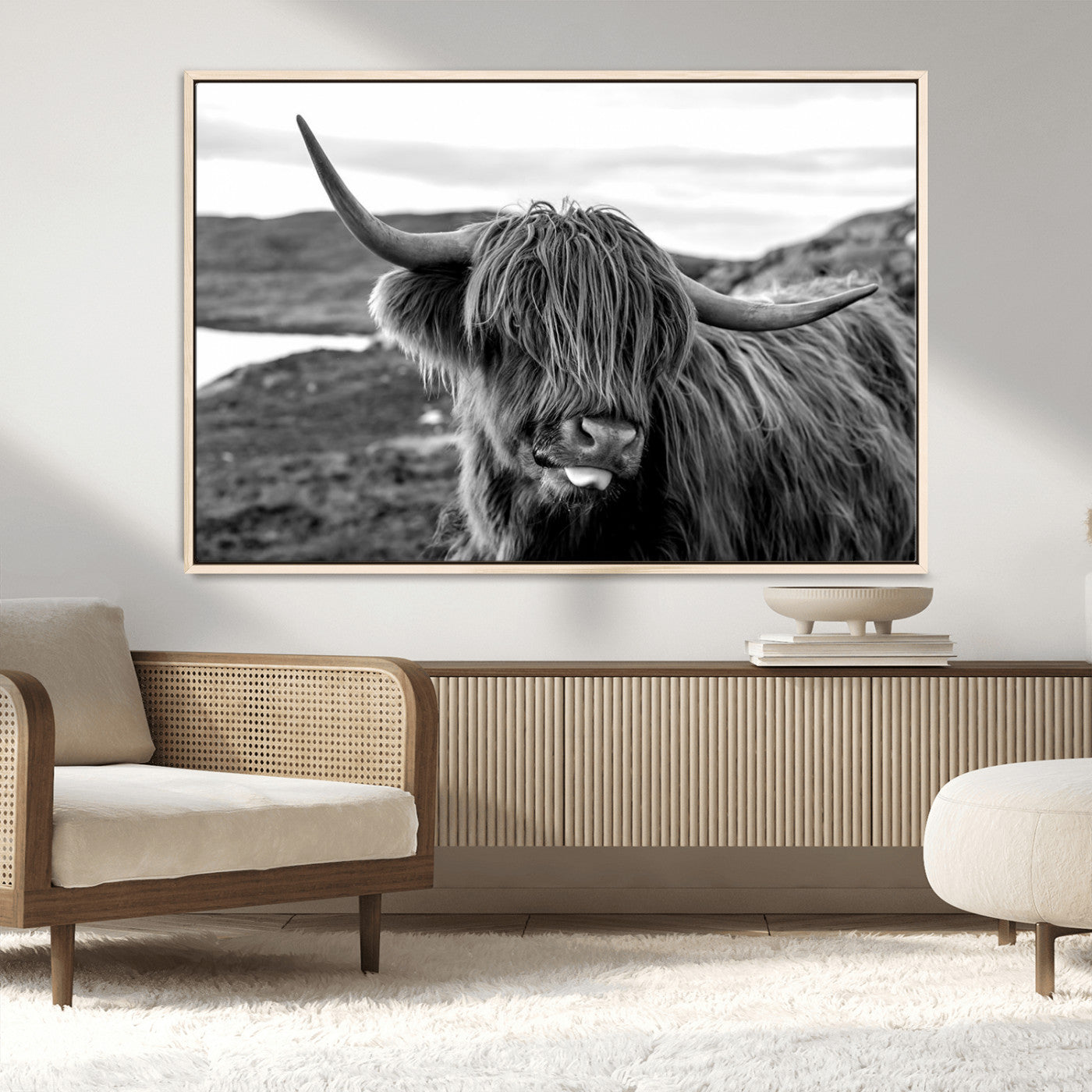 MGV-FC-36X24 - Highland Cow Canvas Wall Art – Black and White Animal Portrait – Framed and Ready to Hang Rustic Farmhouse Decor for Living Room or Office