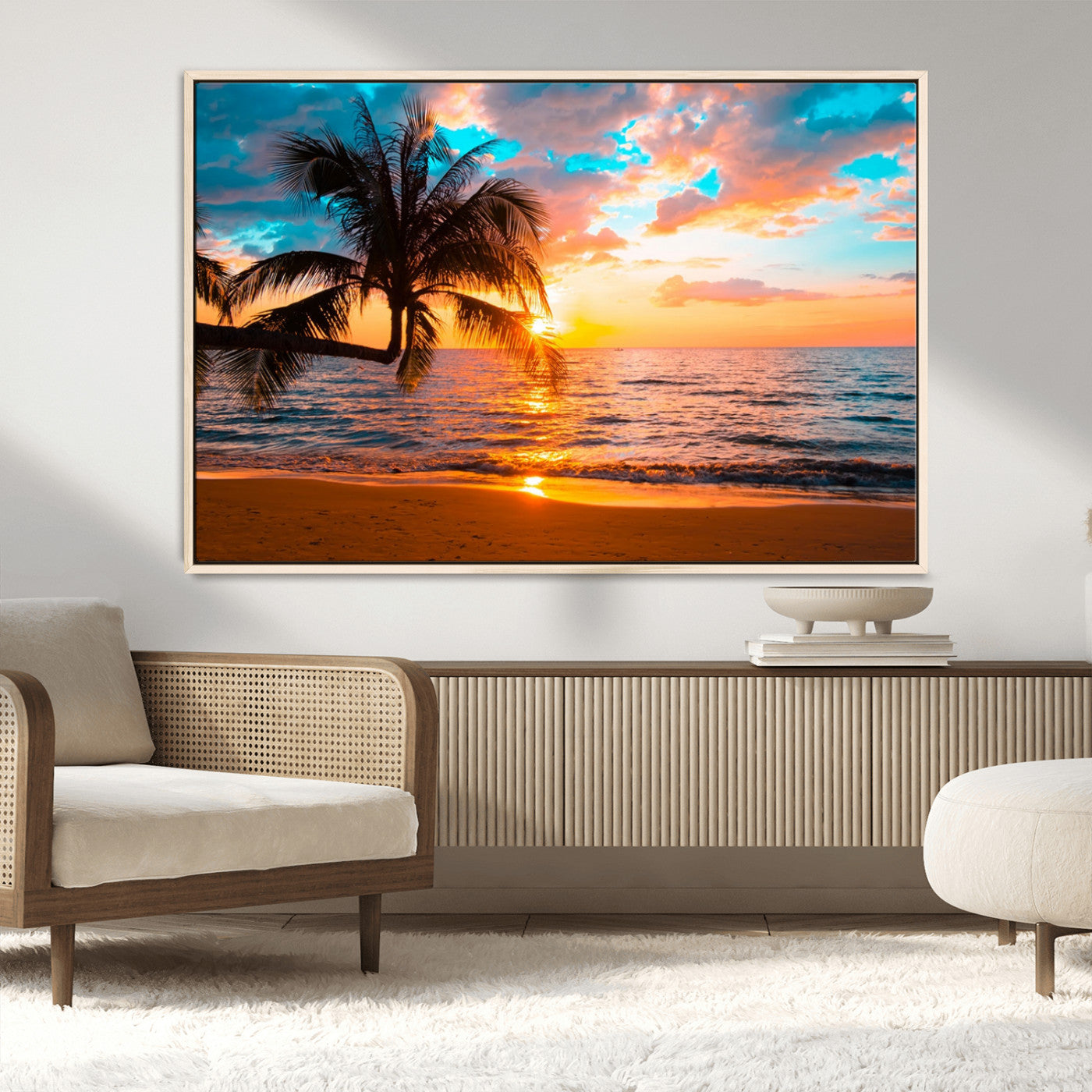 -Palm Tree Sunset On The Beach Wall Art Canvas, Framed Palm Tree Sunset Canvas Print