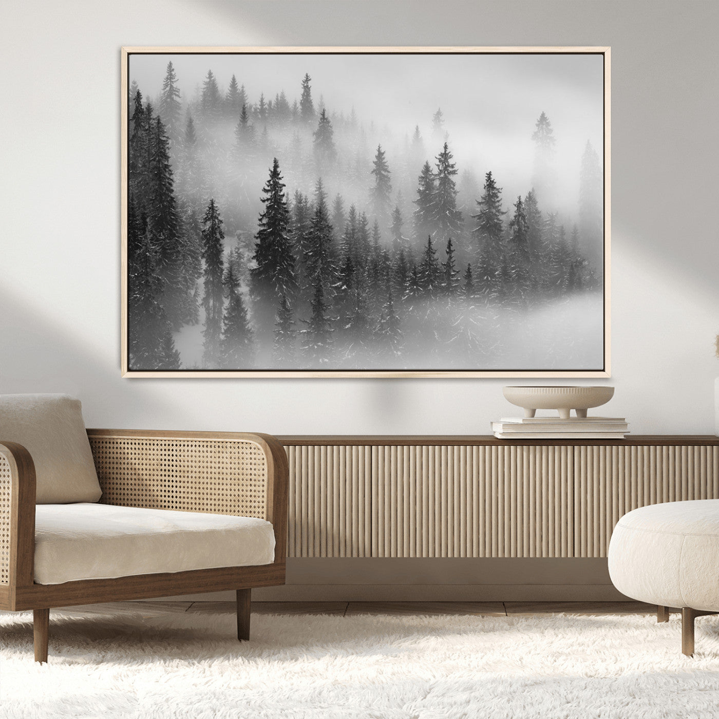 MGV-FC-36X24 - Black and White Forest Wall Art Print – Misty Pine Tree Canvas Print – Winter Woodland Nature Artwork – Perfect for Minimalist Home Decor