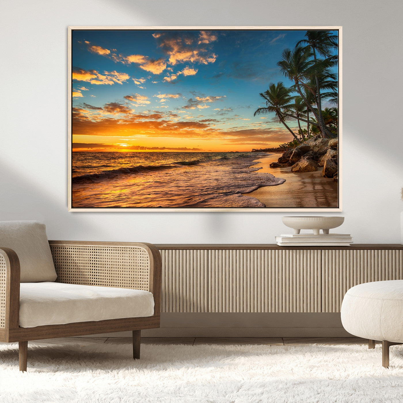 MGV-FC-36X24 - Tropical Beach Sunset Wall Art Print – Palm Tree Coastal Canvas Print – Ocean Seascape Artwork – Perfect for Tropical Modern Home Decor