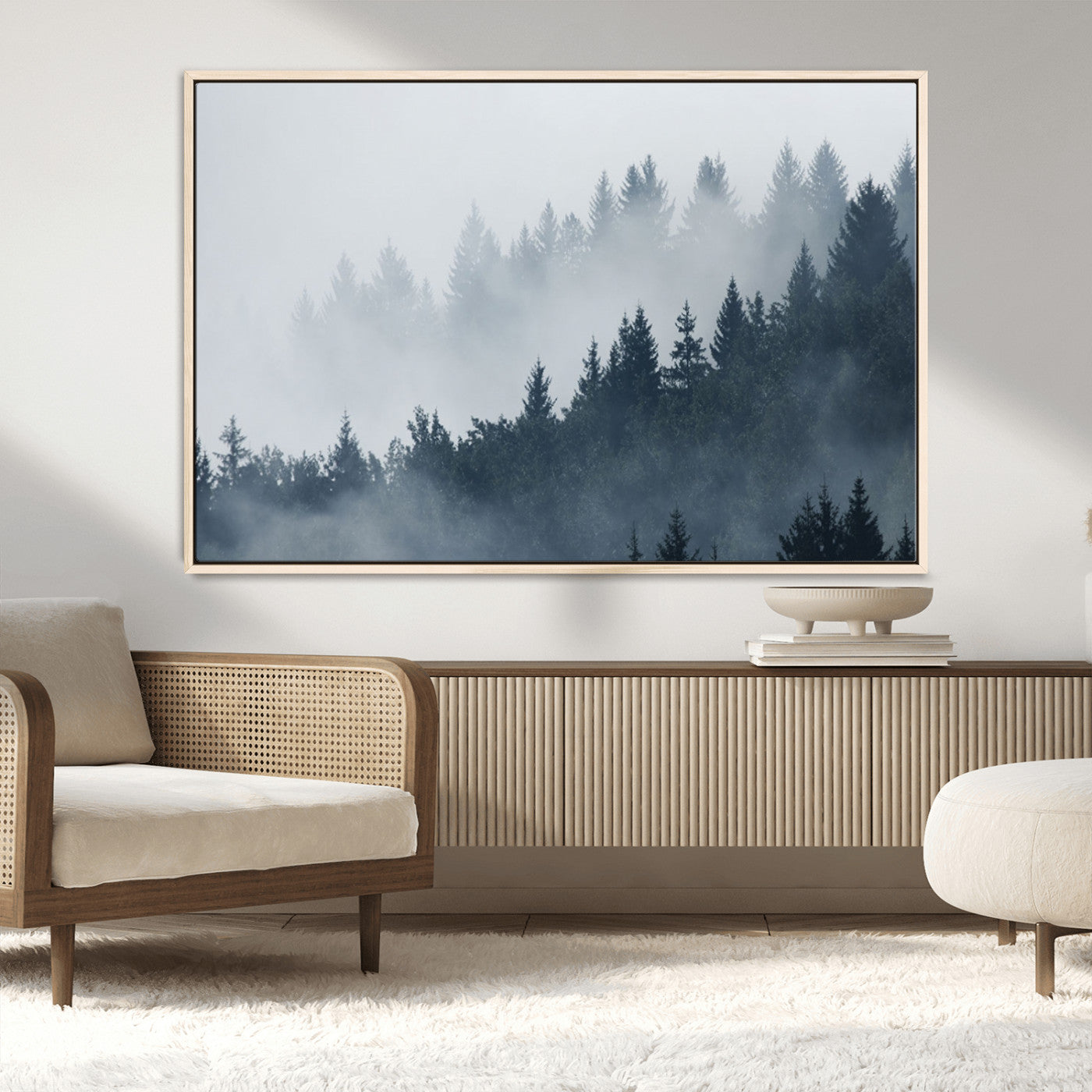 MGV-FC-36X24 - Misty Forest Wall Art Print – Foggy Pine Tree Canvas Print – Dark Woodland Nature Artwork – Perfect for Minimalist and Modern Home Decor