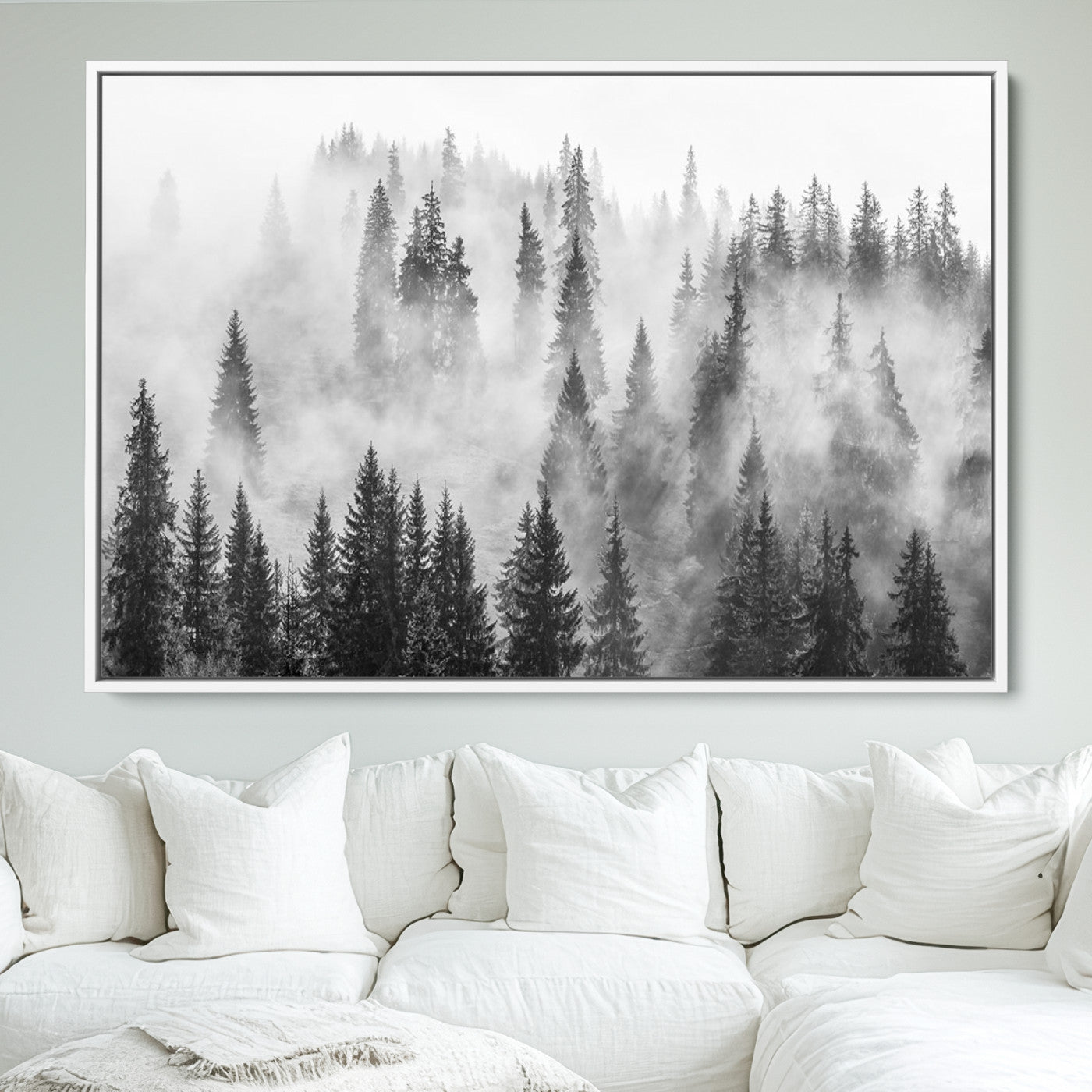 10422-MGV-FC-36X24_White-Forest Wall Art Print | Foggy Pine Forest Canvas Wall Art - Black and White Nature Decor for Living Room