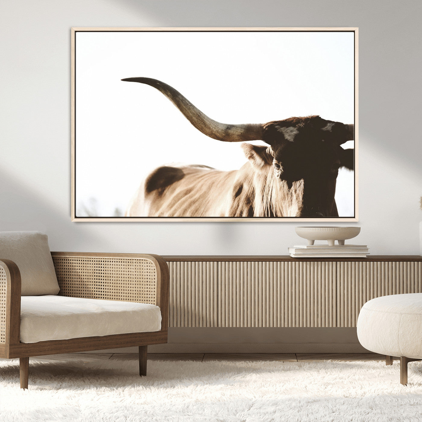 MGV-FC-36X24 - Texas Longhorn Wall Art Canvas Print | 3-Panel Large Longhorn Canvas Print for Living Room, Framed Gallery Wrap Office, Rustic Western Cowboy Decor