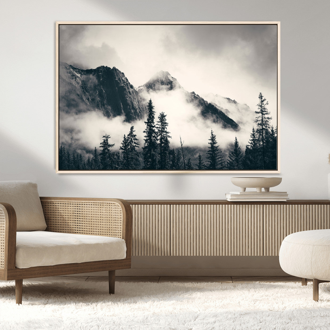 MGV-FC-36X24 - Large Foggy Mountain Forest Wall Art Canvas Print | Misty Mountain Peaks and Pine Trees Print | Framed Gallery Wrap | Rustic Nature Farmhouse Decor