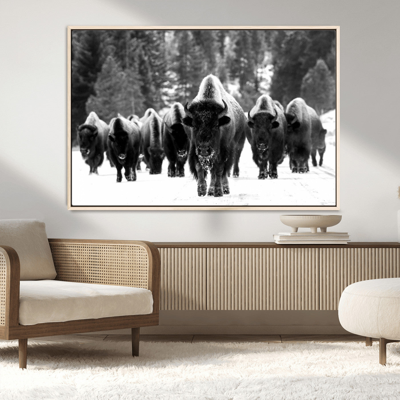 62434-MGV-CV-36X24-Bison Herd in Snow Wall Art Canvas Print | Rustic Western Bison Wall Art for Decor for Living Room,
