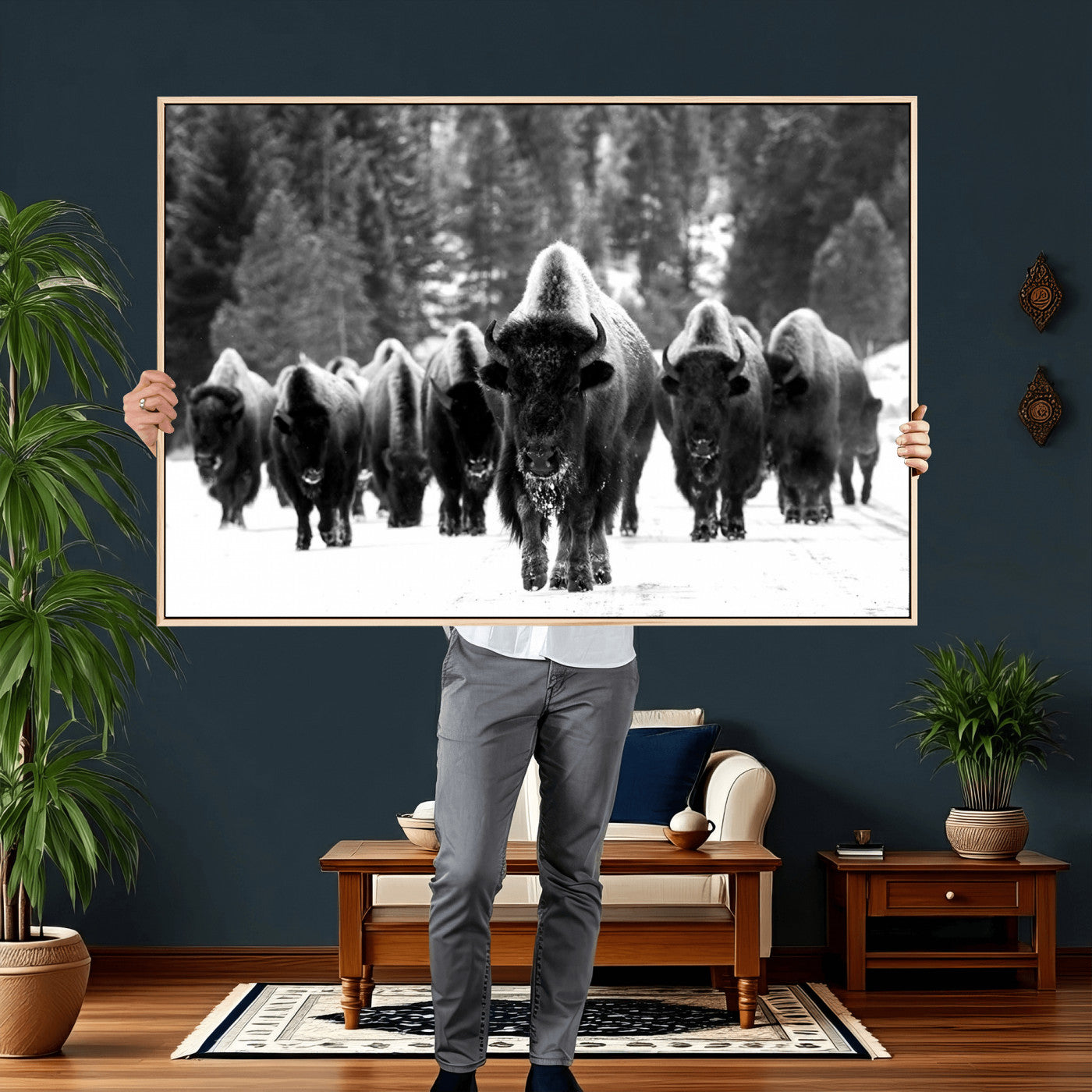 62434-MGV-CV-36X24 - Bison Herd in Snow Wall Art Canvas Print | Rustic Western Bison Wall Art for Decor for Living Room,