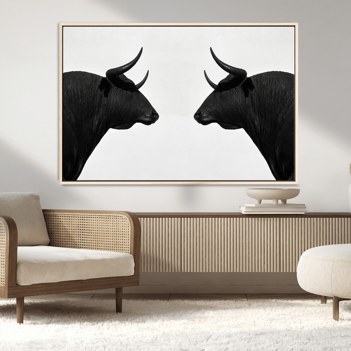 -Spanish Bull Art - Framed Black and White Bull Canvas Print for Modern Rustic Home or Office Decor