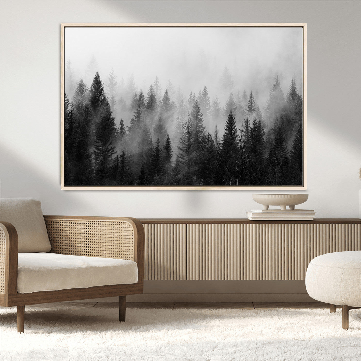 MGV-FC-36X24 - Foggy Black and White Forest Wall Art, 3 Panel Misty Pine Trees Canvas Print for Living Room, Office, or Bedroom, Nature-Inspired Woodland Wall Decor