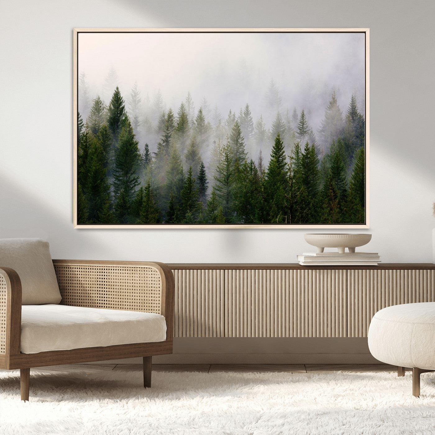 MGV-FC-36X24 - Misty Pine Forest Wall Art Canvas Print | 3 Panel Green Woodland Canvas Print for Living Room, Office, or Dining Room | Nature Foggy Forest Decor