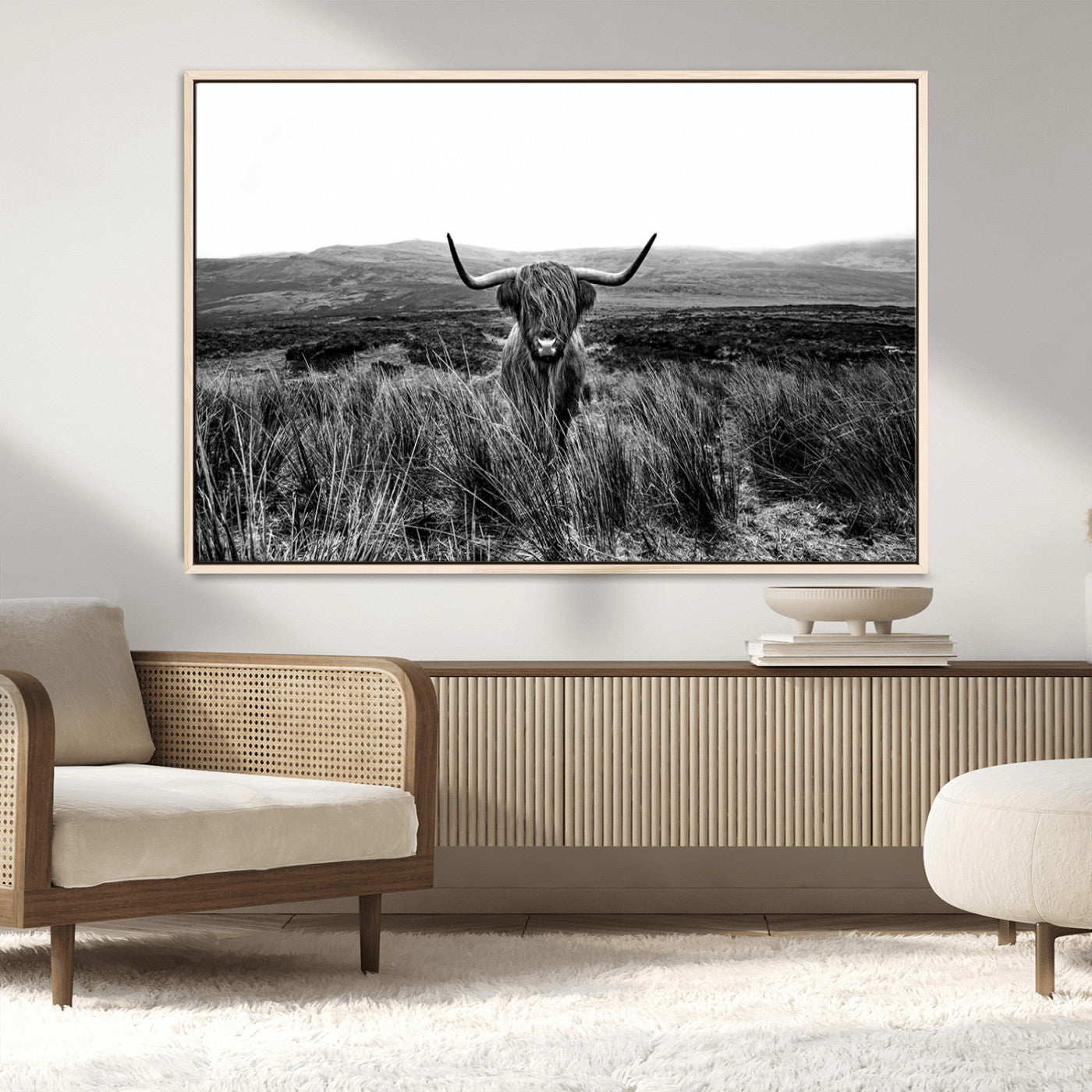 MGV-FC-36X24 - Black and White Highland Cow Canvas Wall Art, Longhorn Triptych Western Wall Decor for Cabin -