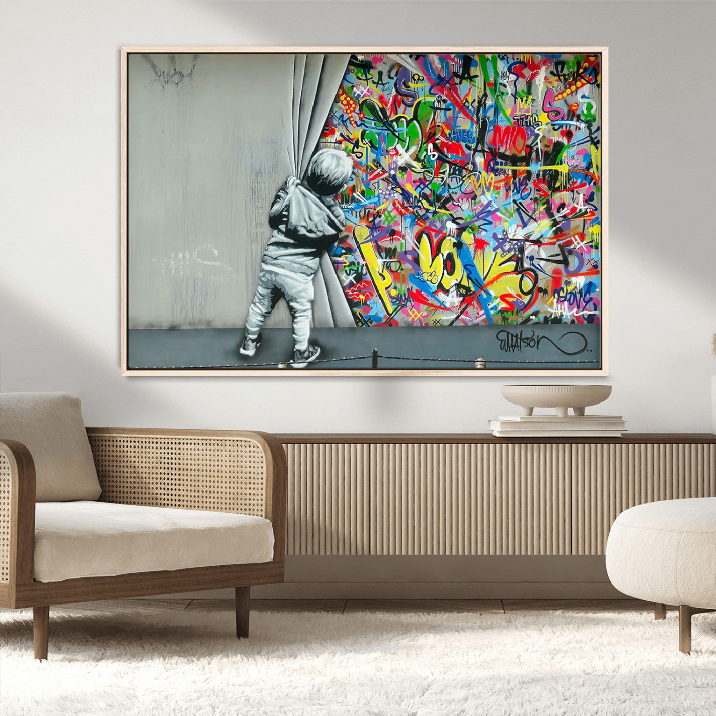 MGV-FC-36X24 - Banksy Colorful Street Graffiti Canvas Wall Art Print, Modern Art Triptych, Child and Graffiti Wall, Urban Art for Home or Office Decor