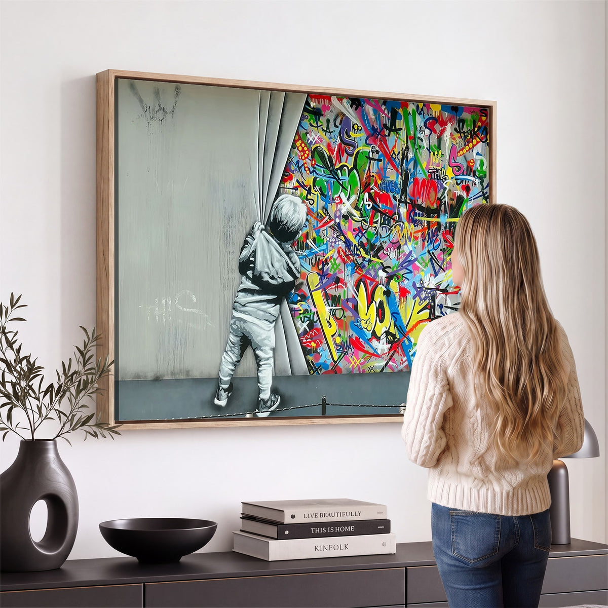 Banksy Colorful Street Graffiti Canvas Wall Art Print, Modern Art Triptych, Child and Graffiti Wall