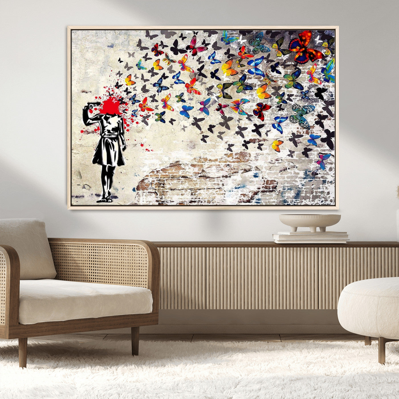 MGV-FC-36X24 - Banksy Art Butterfly Girl Explosion Canvas Art – Vibrant Urban Graffiti for Modern Interiors - Ready to Hang