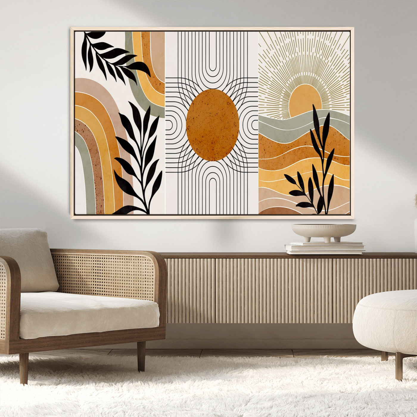 MGV-FC-36X24 - Modern Boho Sun and Leaf Abstract Art – 3-Panel Giclée Canvas for Mid-Century Modern or Bohemian