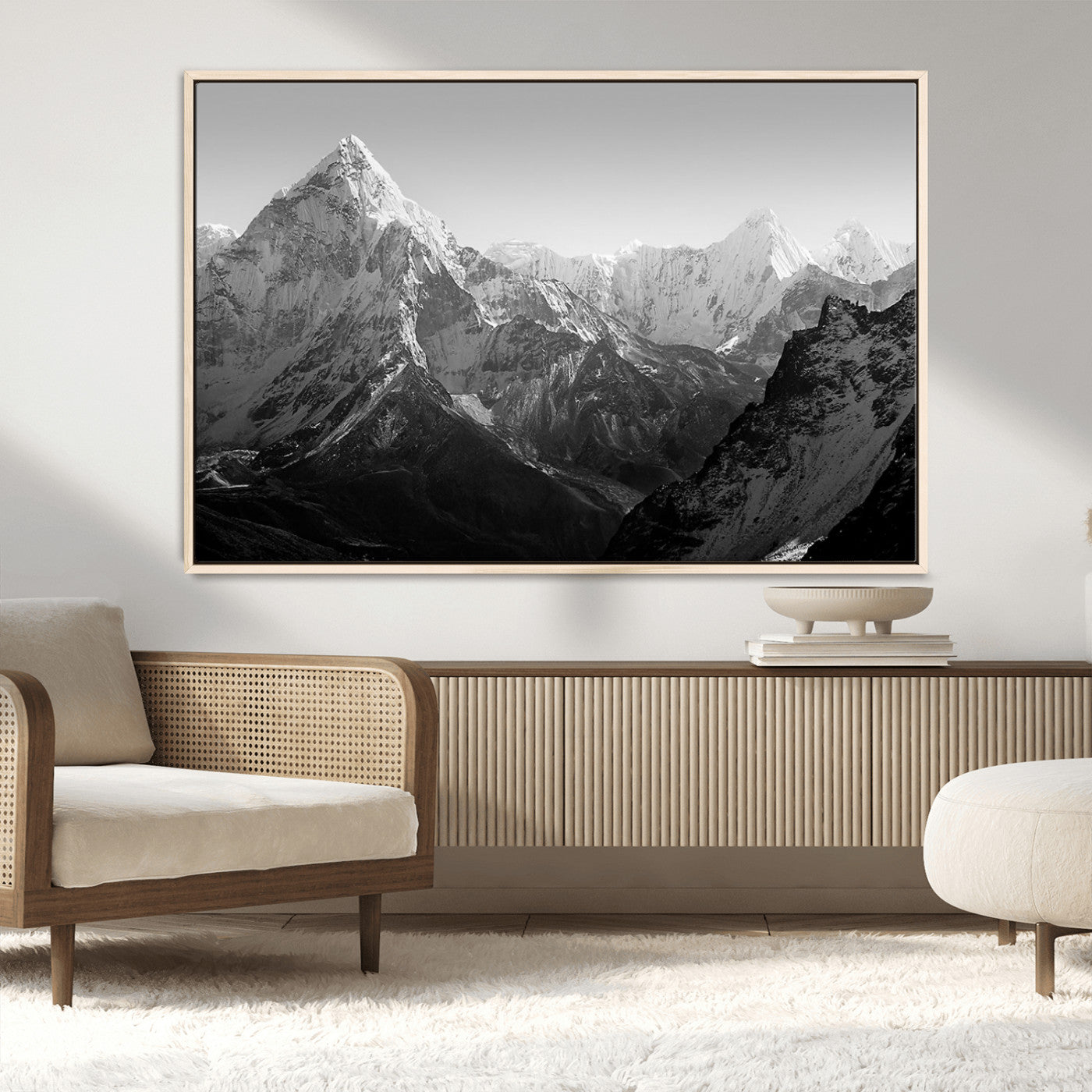 MGV-FC-36X24 - Everest Himalaya Mountain Peaks Black & White Triptych Canvas Art – Mountain Wall Decor for Minimalist Interiors