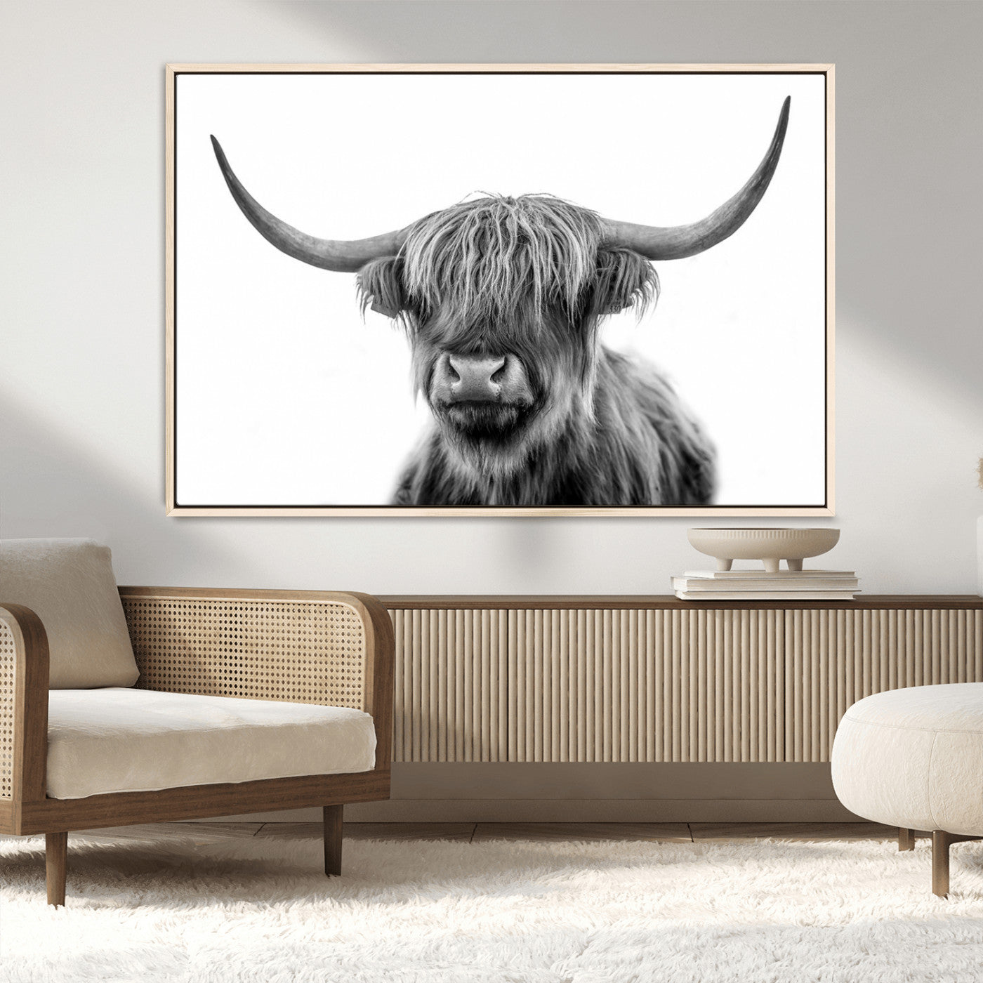 MGV-FC-36X24 - Grayscale Scottish Highland Cow Cattle Art Print Farmhouse Wall Art Canvas Print
