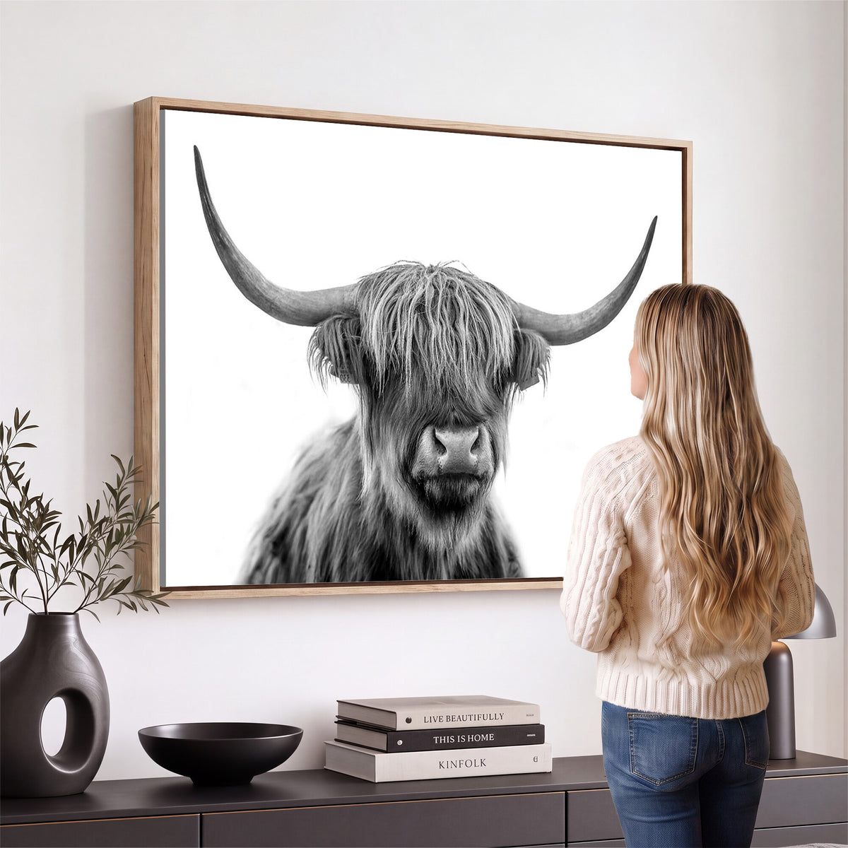 75503-_Poster-30x20 - Scottish Highland Cow Cattle Art Print Wall Art Canvas Print for Farmhouse Decor, Framed Scottish