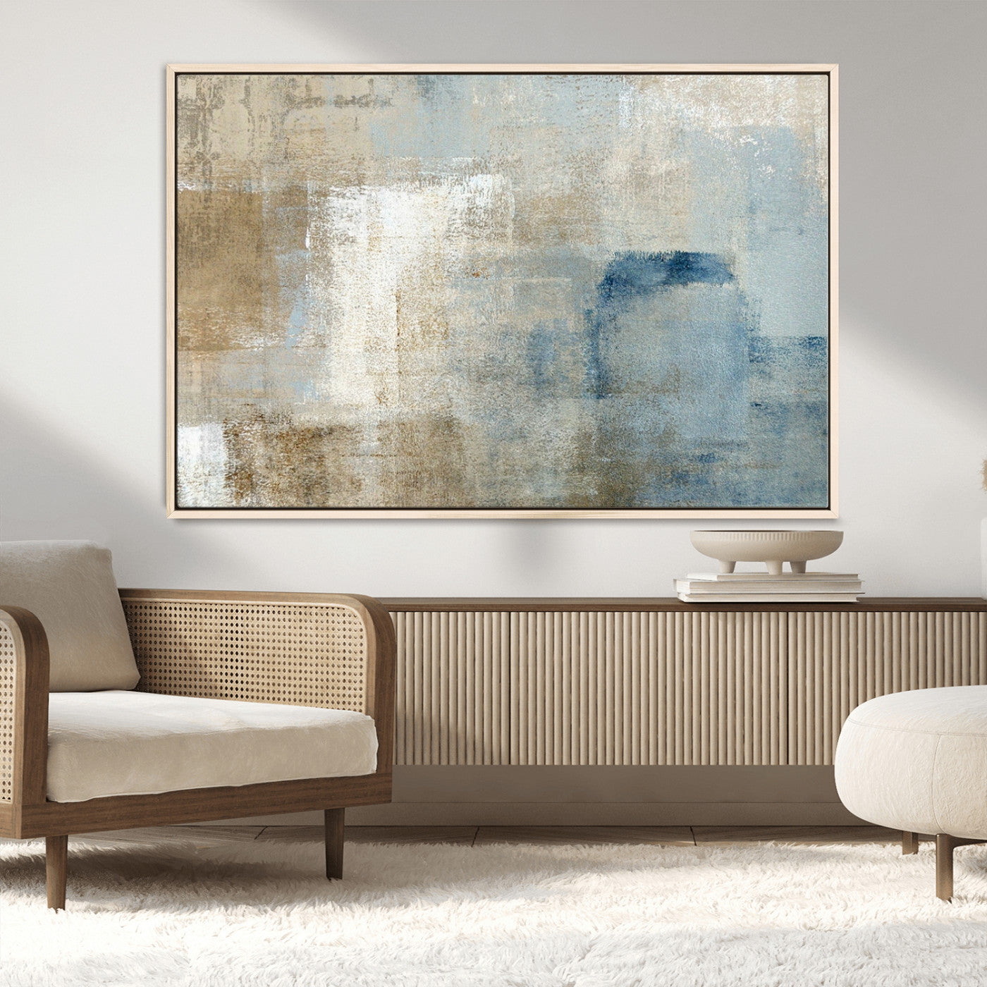 MGV-FC-36X24 - Abstract Blue and Beige Wall Art, Modern Minimalist Canvas Print Set, Giclee Textured Art, Large Multi-Panel Artwork for Living Room