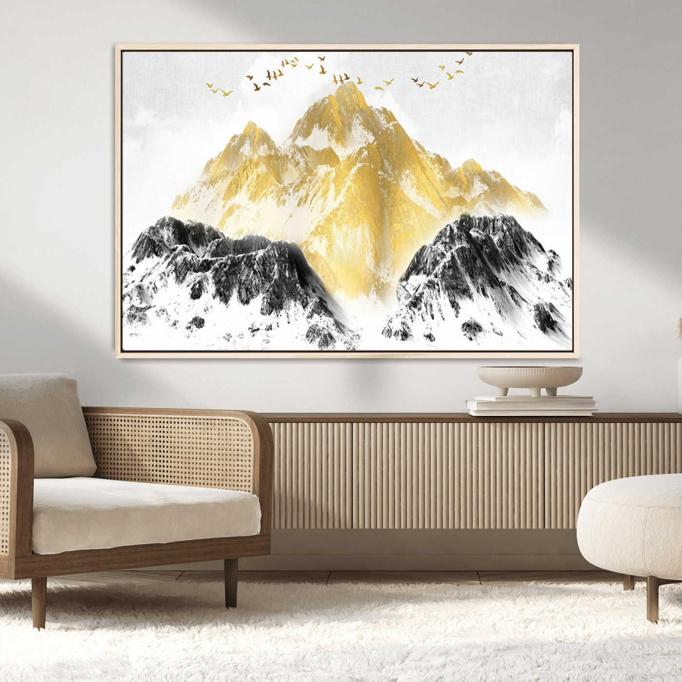 MGV-FC-36X24 - Golden Mountain Triptych Wall Art, Modern Giclee Canvas Print, Nature Landscape Decor for Living Room, Contemporary Gold and Black Wall Art