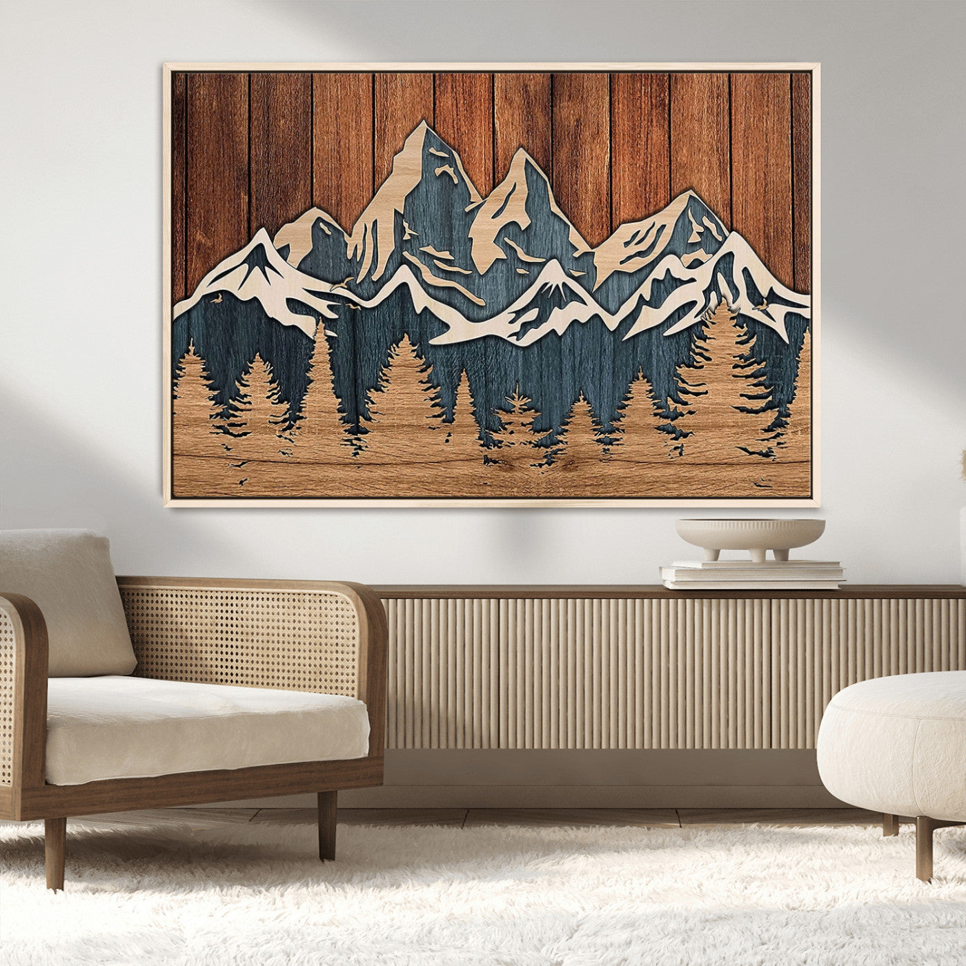 MGV-FC-36X24 - Rustic Wood Style Mountain Wall Art, Nature Forest Canvas Print, Wooden Textured Mountain Artwork, Handcrafted Landscape Decor for Farmhouse Decor