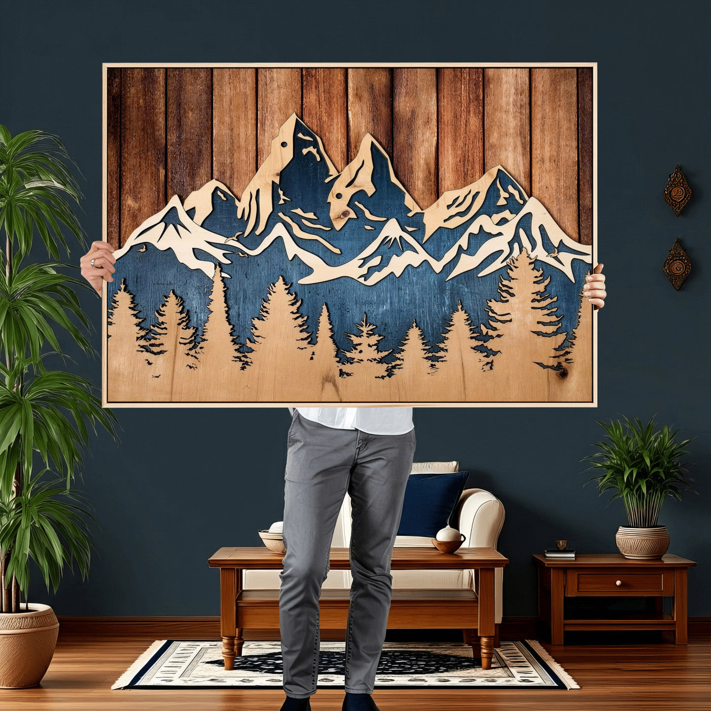 41330-MGV-CV-36X24 - Rustic Wood Style Mountain Wall Art, Nature Forest Canvas Print, Wooden Textured Mountain Artwork Print
