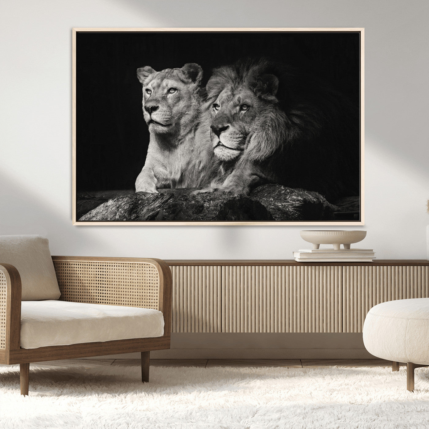 MGV-FC-36X24 - Lion Couple Canvas Wall Art Print – Elegant Wildlife Portrait in Black and White Lion Family – Ready to Hang